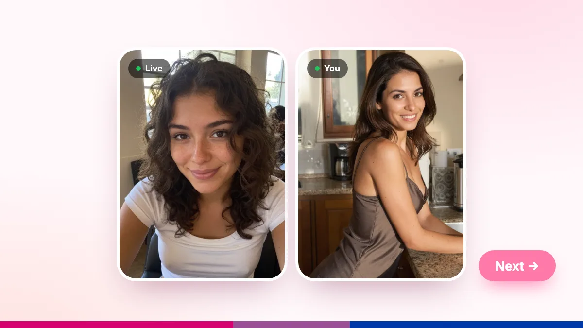 Girlvo bisexual chat: two live video tiles side by side with a Next button